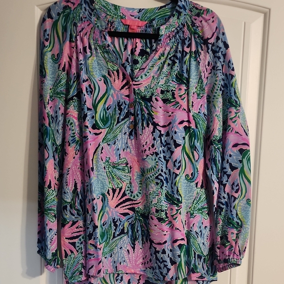 Lilly Pulitzer Tops - Lilly Pulitzer Pink and Blue Tropical Elsa Blouse